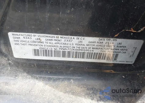 2006 Volkswagen Jetta 2.0T from USA, damaged, VIN 3VWAJ71K06M659516